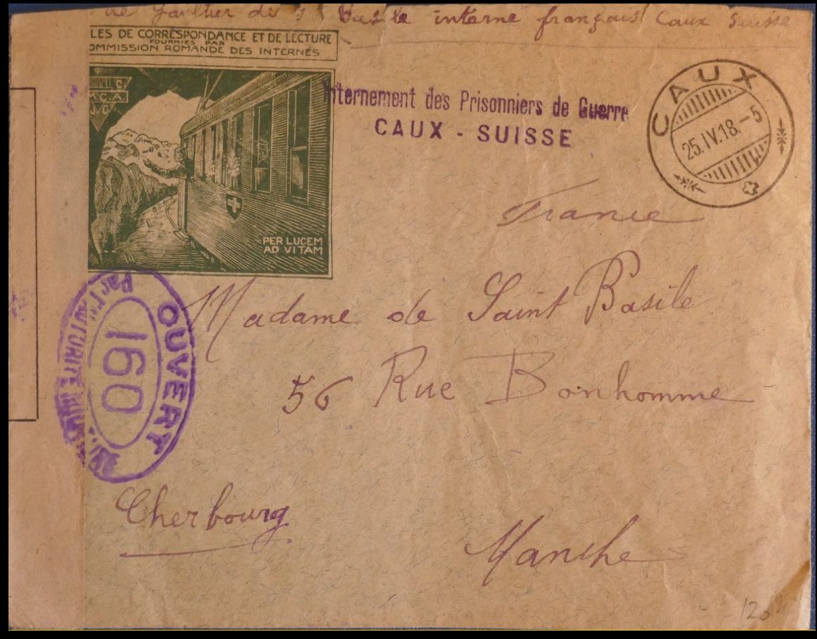 Schweiz Suisse Switzerland courrier de Prisonniers de guerre belges francais Mail YMCA UCJG envelope Electric Train corner card